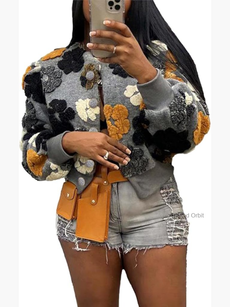 Cropped Fleece Bomber Jacket Long Sleeve Sherpa Floral Print Varsity Coat